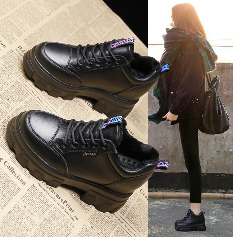 Net red thick bottom heightening platform shoes women's 2022 spring and autumn new fashion single shoes casual all-match winter velvet small leather shoes