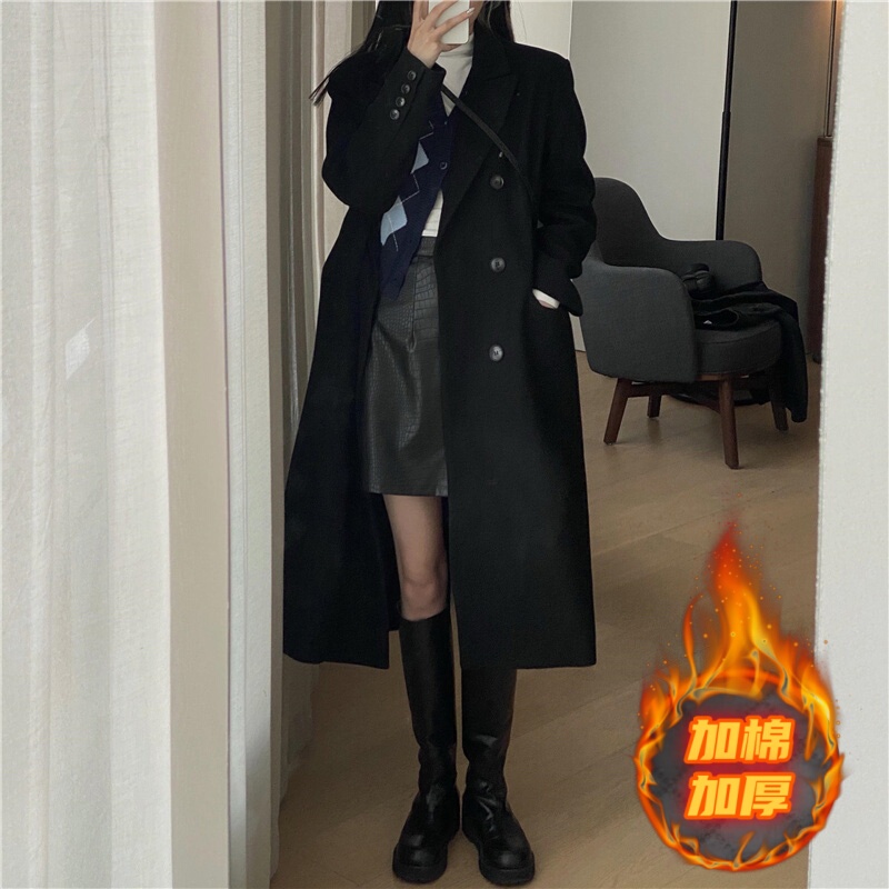 Black Woolen Coat for Women, New Autumn and Winter Korean Style, Over-The-Knee Hepburn Style Woolen Coat with Cotton and Thickened, Mid-Length