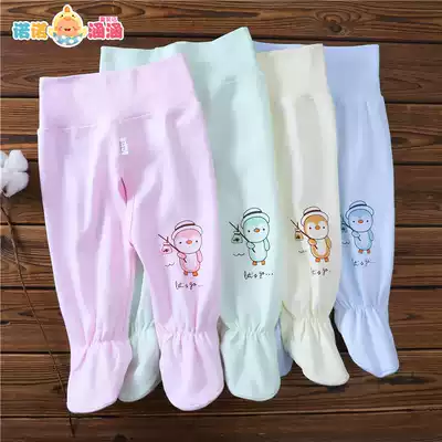 Baby high waist belly pants pure cotton 0-3 months 6 newborn with feet pants spring and autumn baby single foot sanitary pants