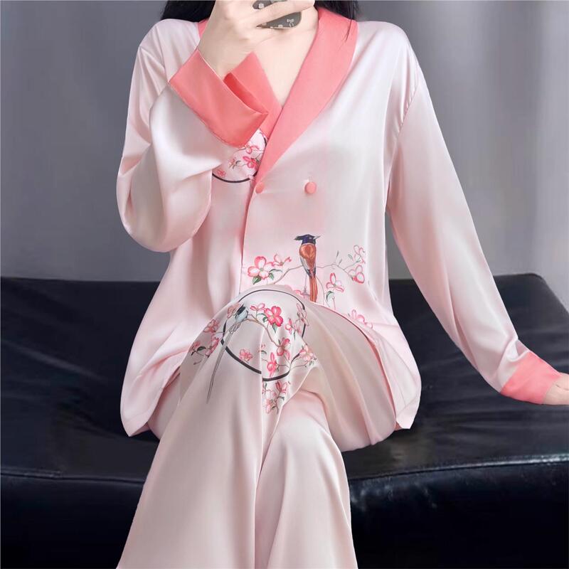 Victoria Antique Silk Pajamas Women's Long-Sleeved Pants Suit Mulberry Silk Double-Breasted High-End Home Clothes