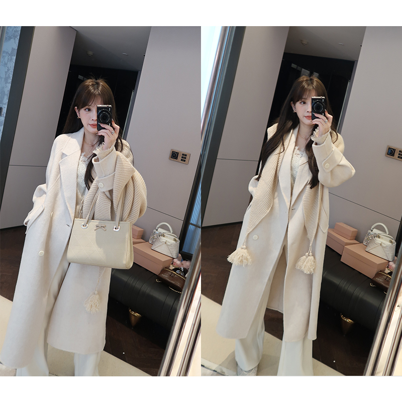 Camel Wool, Mulberry Silk, Sheep Wool, Yarn-Dyed Floral Yarn, Handmade Double-Sided Woolen Coat for Women, Autumn and Winter Long Coat