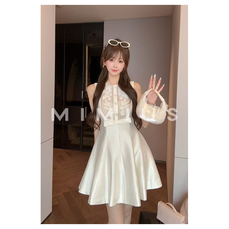 Youlu Acetic Acid French Lace Embroidery Bow White Dress for Women, Summer Design, Slimming Sleeveless Short Dress Youlu Acetic Acid French Lace Embroidery Bow White Dress for Women, Summer Design, Slimming Sleeveless Short Dress
