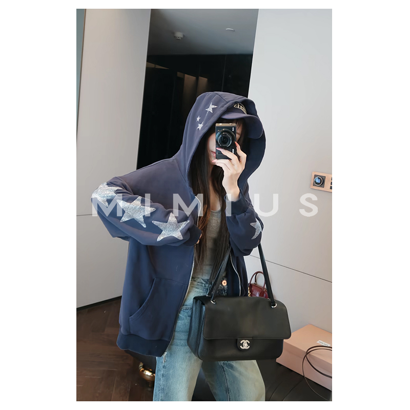 Yoululu Korean Style Star Hooded Long-Sleeve Blue Sweatshirt Jacket for Women, Early Autumn, Very Pretty, Thin, Loose Short Jacket