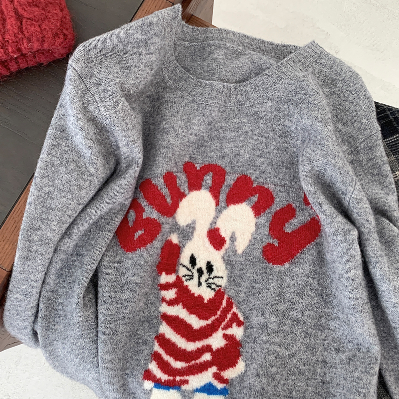 Korean-Style Cartoon Rabbit Jacquard Round-Neck Wool Sweater for Women, Loose and Slimming, Autumn and Winter Pullover Wool Knit Base Layer