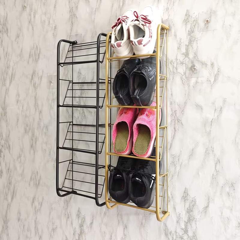 No-Drill Slanted Iron Shoe Rack, Ultra-Thin Multi-Layer Doorway Wall-Mounted Narrow Space-Saving Storage Solution