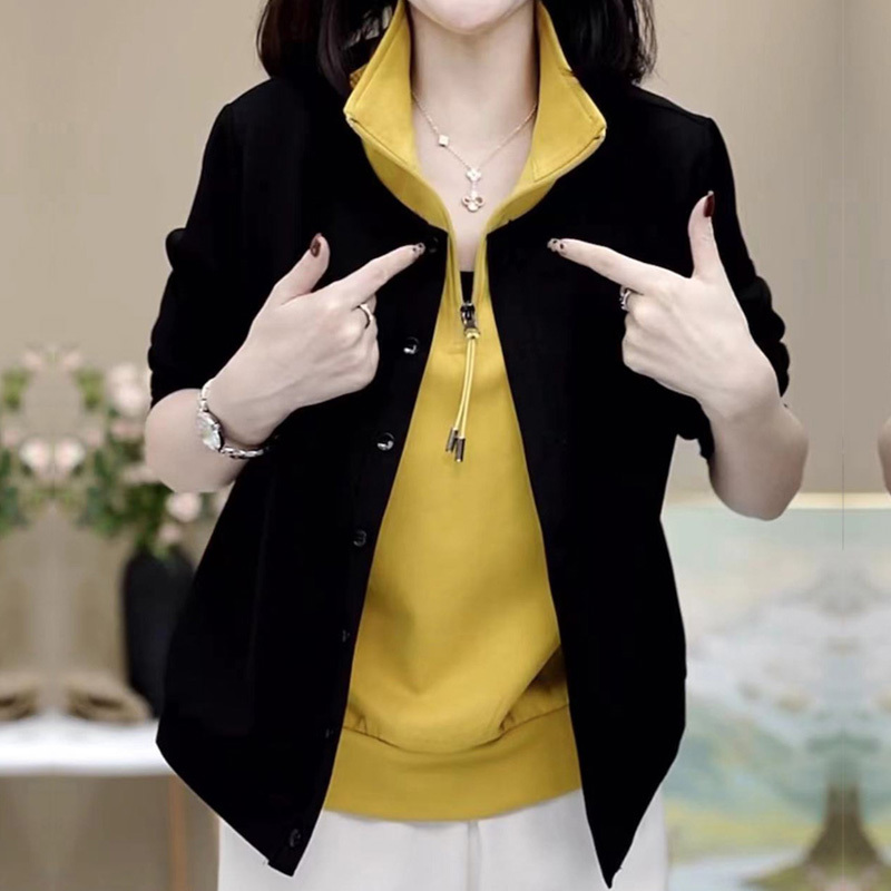 Autumn New Fashion Women's Fake Two-Piece Long-Sleeved Sweatshirt, Age-Reducing Mother's Wear, Half-Zip Casual Cardigan Top