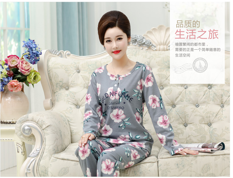 Bà mẹ trung niên mùa xuân và mùa thu đồ ngủ của phụ nữ cotton dài tay Trung niên bà ngoại cộng với phân bón cotton XL phù hợp đồ bộ bé gái