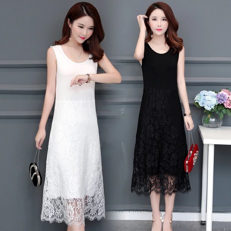 Summer New Lace Dress, Sleeveless Outerwear Vest Dress, Summer Plus Size Mid-Length Suspender Dress