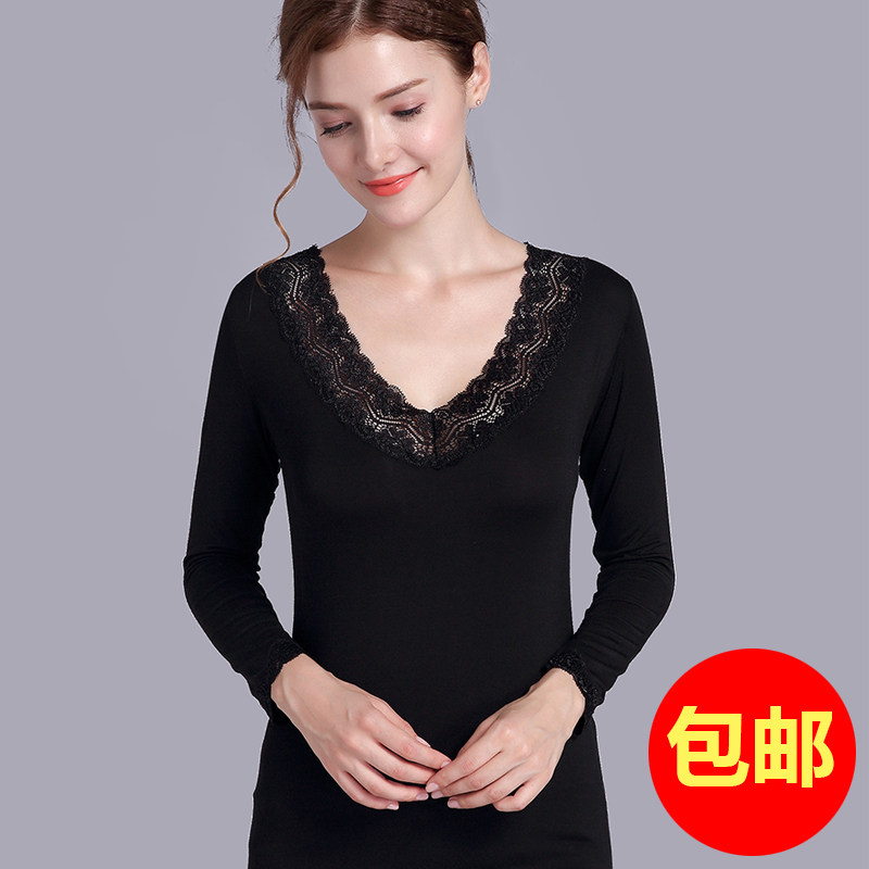 Autumn and winter 100 lap Modale cotton lace lace floral lace with long sleeves large size for undershirt V collar female T-shirt low collar female thin