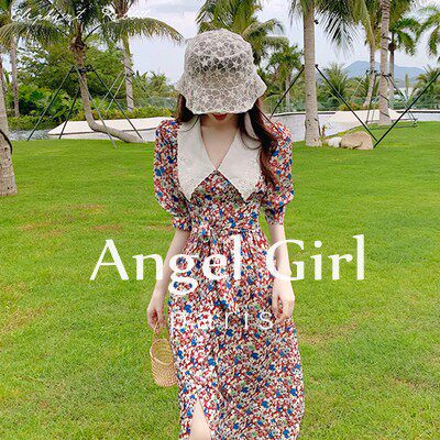 Sandro Duffy French holiday style doll collar Sweet lace-up waist small floral dress summer