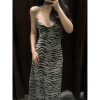 ZA foreign trade exports new zebra pattern fold-down collar slim stretch mesh suspender dress long skirt for women 5039474