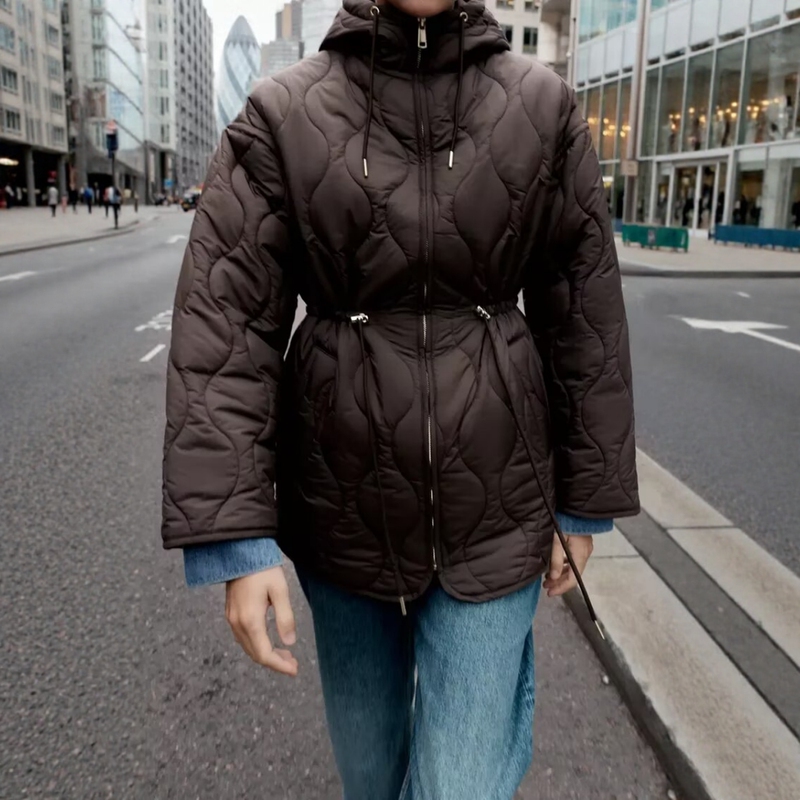 Za Export Women's Clothing Diamond Pattern Casual Loose Lightweight Warm Hooded Waist-Cinching Quilted Jacket 8372281