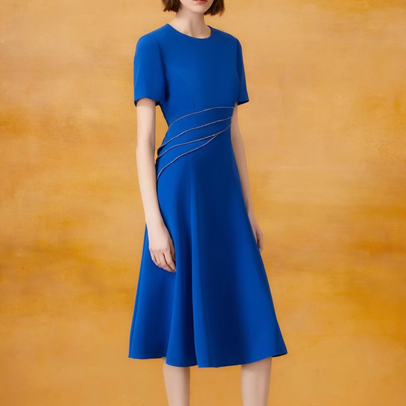 Zhuoge Yazaoge 2025 Summer New Style Royal Blue Round Neck Acetate Fiber Waist-Cinching Elegant Dress 5C64205910