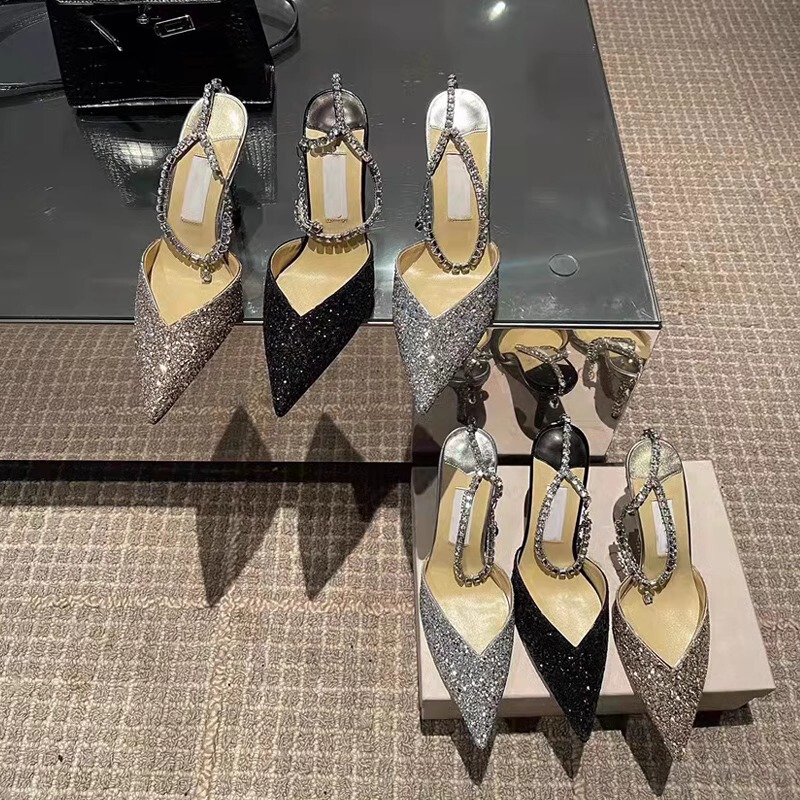 Pointed Toe Shallow High Heels Wedding Shoes 2025 Summer Stiletto Sequin Rhinestone Chain Sexy Strap Hollow Sandals