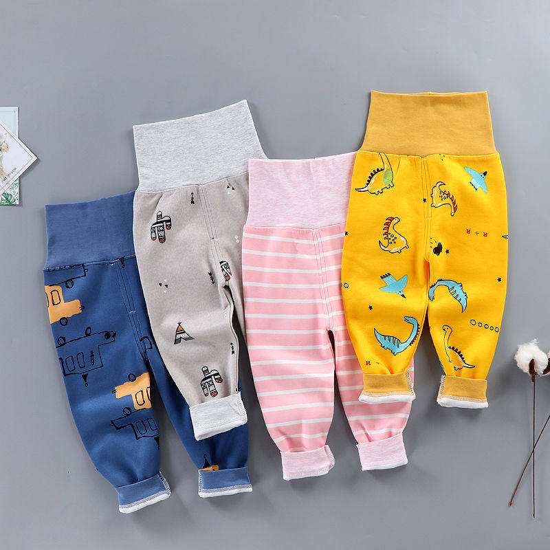 Baby plus suede pants baby plus suede high waist and belly protection pants male girl 0-5 spring autumn and winter can open up the inside lap pants