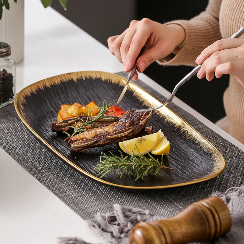 Rectangular Creative Black Gold-Rimmed Western Steak Plate Matte Frosted Texture Ceramic Square Steak Plate for Commercial Use