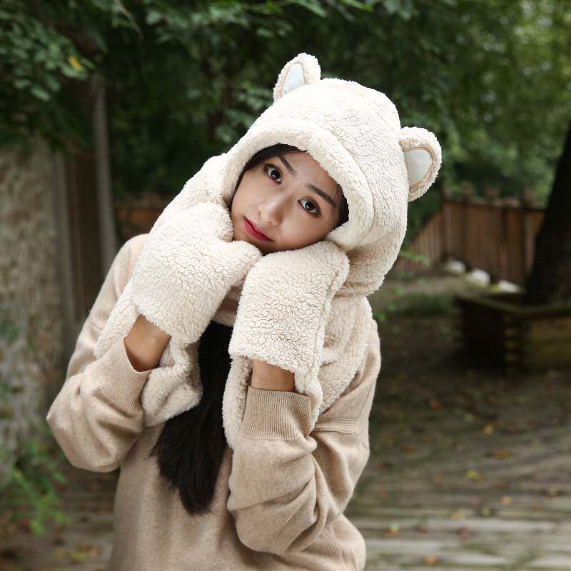 Bear ear hat female autumn and winter cute plush scarf gloves one Korean version of the ear thickened warm three-piece set
