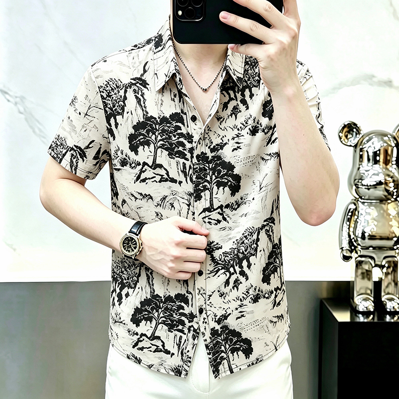 European-Style Ice Silk Mesh Casual Printed Short-Sleeve Shirt for Men, Trendy and Versatile, Summer New Model