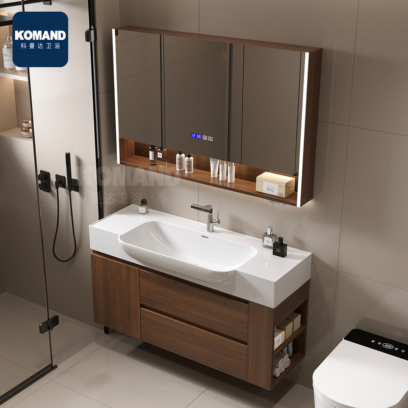 Komand Integrated Ceramic Basin Bathroom Cabinet Set Walnut Mid-Century Modern Smart Beauty Large Basin Komand Integrated Ceramic Basin Bathroom Cabinet Set Walnut Mid-Century Modern Smart Beauty Large Basin