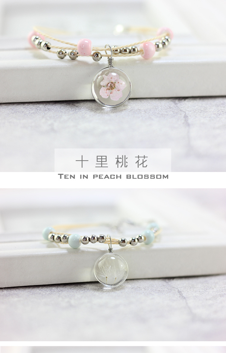 Shili Peach Blossom với Hoa Khô Sakura Everlasting Flower Thời Gian Đá Quý Vòng Đeo Tay Sen nữ Handmade Dệt Kim Peach Bracelet