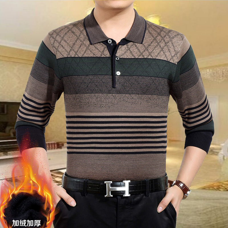 Đàn ông trung niên áo thun dài tay cộng với quần áo nhung ấm áp Bố trung niên áo cổ áo đan đáy dày áo thun có cổ