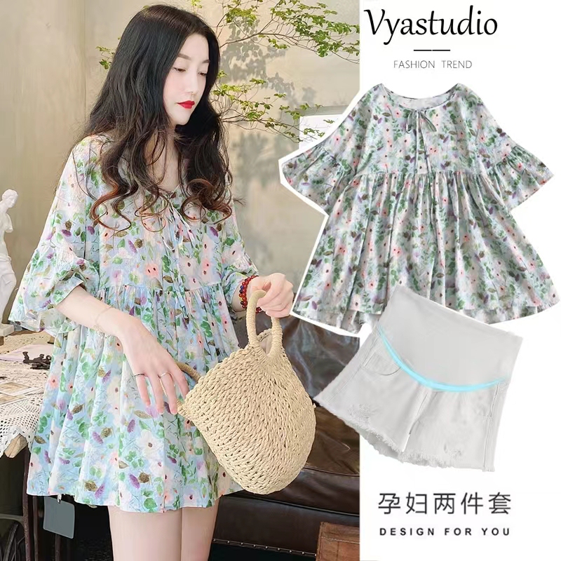 Maternity Summer Outfit Set, Fashionable Short-Sleeved Chiffon Shirt, French-Style Maternity Top, Babydoll Shirt, Summer Two-Piece Set