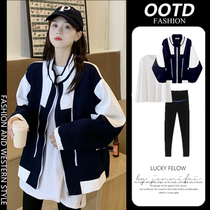 Maternity coat autumn style fashionable and high-end cardigan sweatshirt mid-length bottoming shark pants casual age-reducing style belly-covering