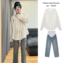 Maternity suit spring and autumn 2024 new shirt spring fashion fashionable chiffon top age-reducing two-piece set