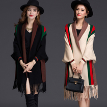 Autumn and winter cashmere bat-shaped shawl scarf thickened warm stripes with sleeves Cape-style womens knitted cardigan