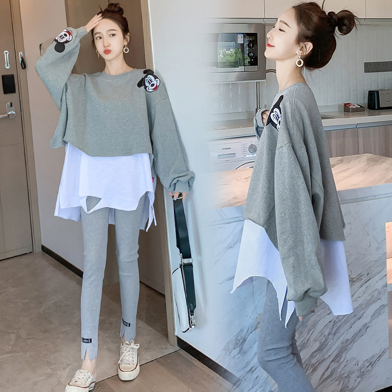 Pregnant women's spring clothing suit net red large code medium long clothing spring and autumn style sports blouse pants two sets of ocean gas tide-Taobao