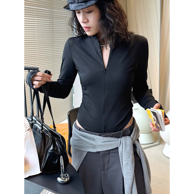 Louvre's New Spring and Summer Korean-Style Fashionable Detailed Half-High Collar Zip-Up Jumpsuit T-Shirt Layered Slimming Top for Women