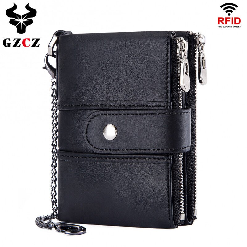 New Men Short Leather Wallet Antimagnetic RFID Double Zip Multi-function Chain Bag Top Buffalo Wallet
