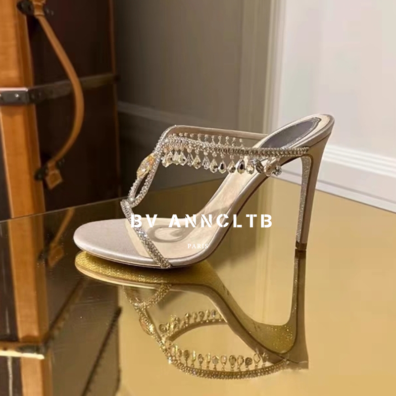Bv Anncltb New Style Stunning One-Strap Outerwear Slippers for Women, Silver Stiletto Sandals, Sexy High Heels Bv Anncltb New Style Stunning One-Strap Outerwear Slippers for Women, Silver Stiletto Sandals, Sexy High Heels