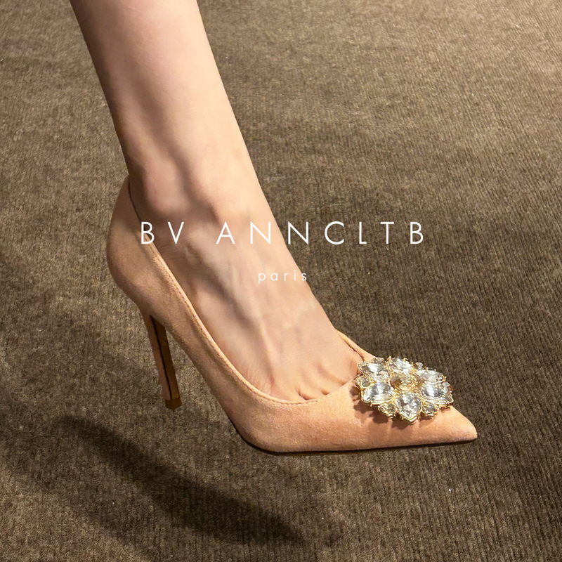 Bv Anncltb French-Style Rhinestone Pointed-Toe High Heels, Elegant Ladylike Stiletto Pumps, Shallow Fairy-Style Shoes