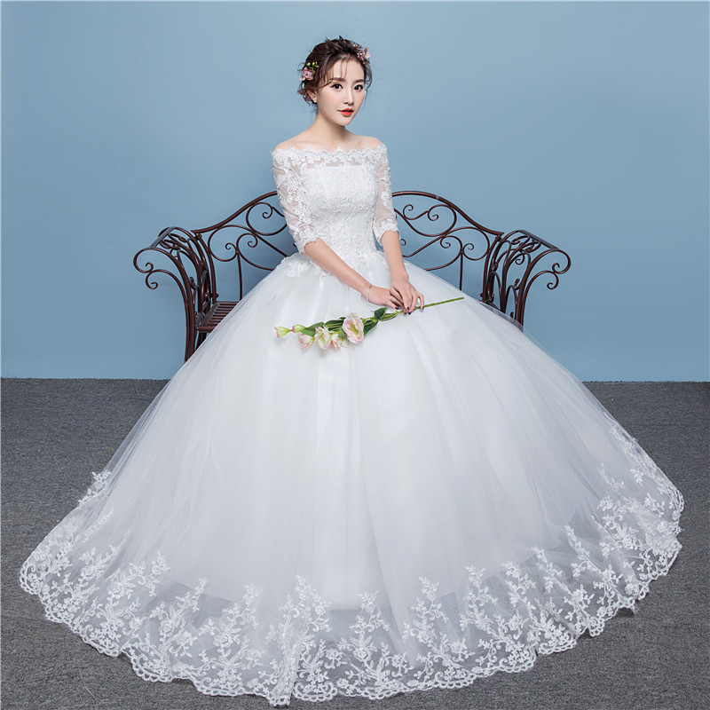 Dust World Six Happy Wedding Dress Gown 2021 New minimalist Han style Lined Shoulders Middle Sleeves Slim size Bride Wedding Dress