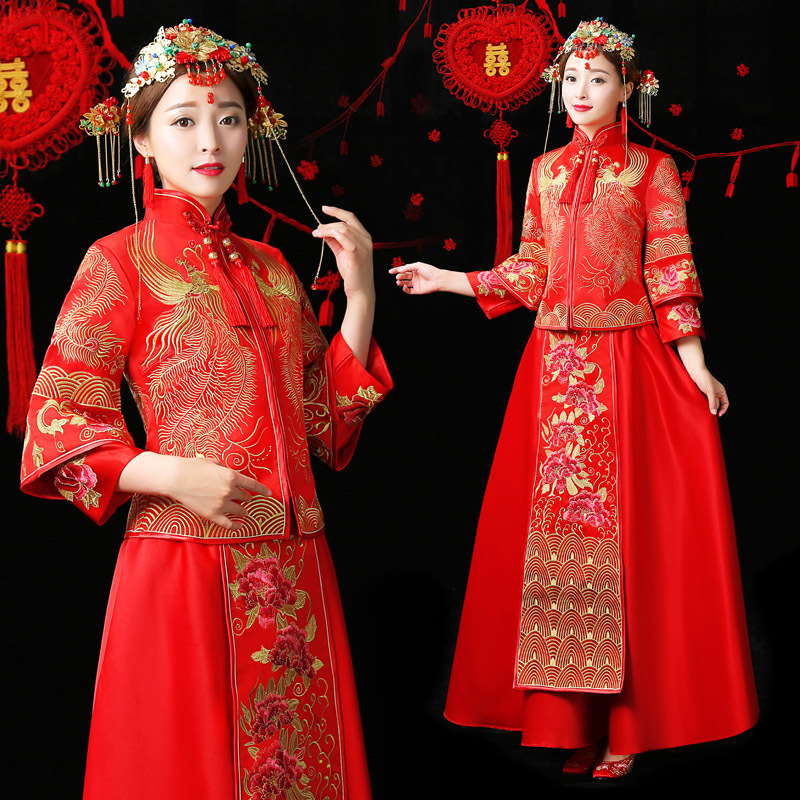 Dussei Six Heineken 2021 Spring new show and bridal wedding Longfeng hanging Chinese style long version of toast gown Y