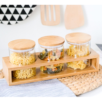 Transparent glass jar tea dried fruit storage bottle Biscuits Miscellaneous grain storage jar set Coffee wooden lid sealed box bamboo rack