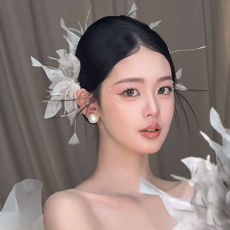Super Fairy-Like Dreamy Tulle Feather Flower Headdress, Beautiful Bride Wedding Dress Hairpin, Dress Updo Set, Hair Accessories