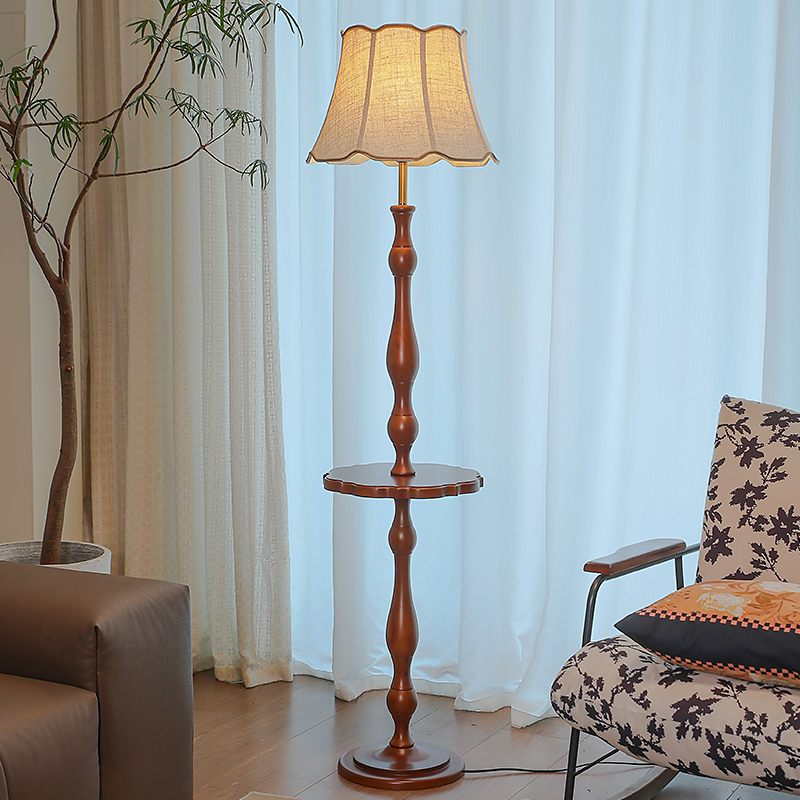 Medieval Style Solid Wood Floor Lamp Living Room Bedroom Bedside Atmosphere Decorative Lamp with Small Coffee Table Fabric Lampshade Standing Lamp