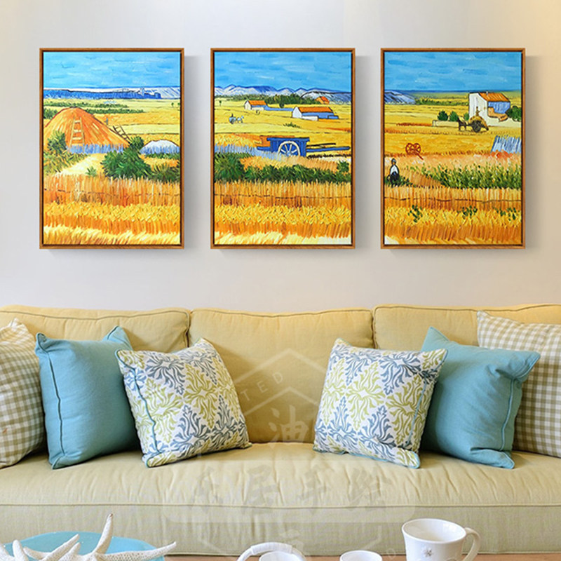 Modern living room sofa background triple hanging painting pure hand-painted oil painting Van Gogh decorative painting harvest wheat field Dafen Village painting
