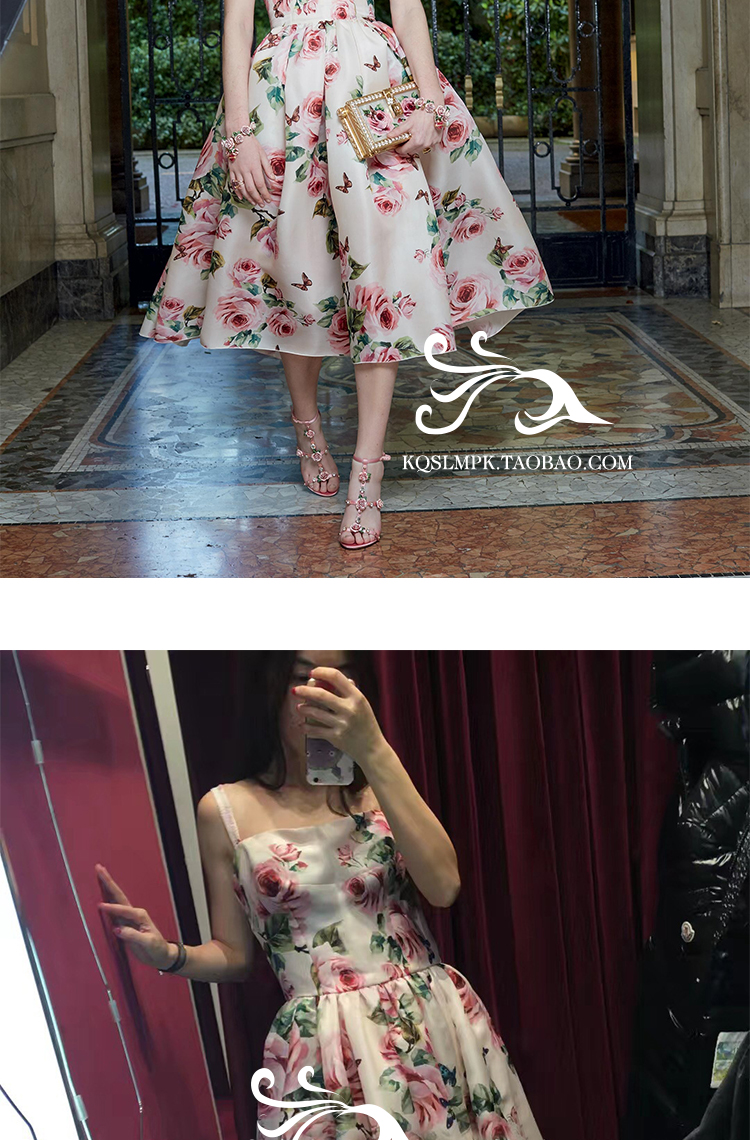 2018 phụ nữ mới retro in hoa hồng dây đeo lớn đầm lụa cao eo thắt lưng váy eo mỏng shop quần áo nữ