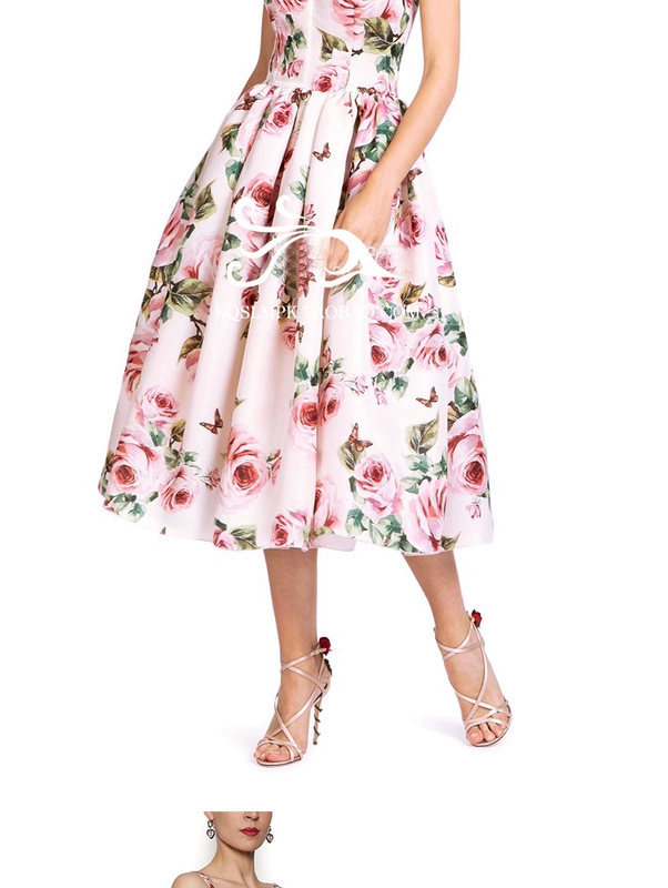 2018 phụ nữ mới retro in hoa hồng dây đeo lớn đầm lụa cao eo thắt lưng váy eo mỏng