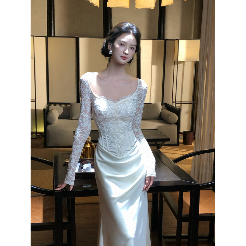 From a Moment of [Lightness] to Another, Heavy-Duty Fishbone Lace Spliced Satin Fishtail Long Dress, Light Wedding Dress, Evening Dress