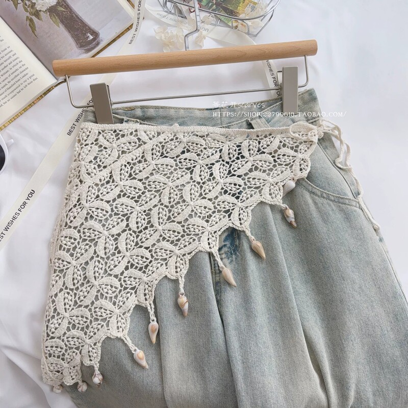 Design-Inspired Hollow Crochet Cotton Shell Skirt, Small Skirt, Dance-Style Layering Accessory, Beige Design-Inspired Hollow Crochet Cotton Shell Skirt, Small Skirt, Dance-Style Layering Accessory, Beige