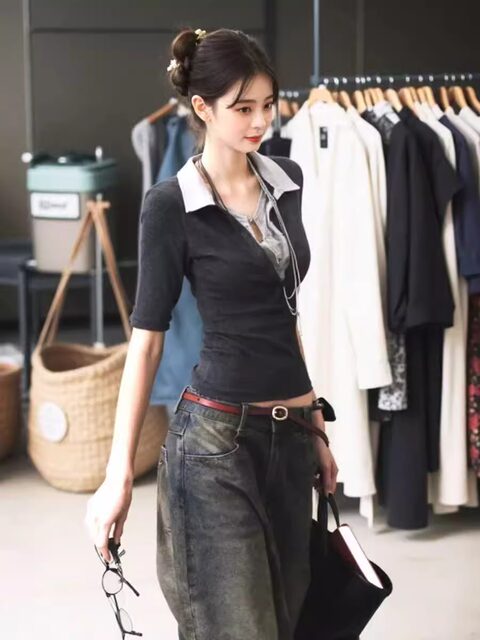 Fake Two-Piece Polo Collar Short-Sleeved T-Shirt for Women, New Summer Style, American Retro Lace Color-Blocking Slim-Fit Half-Sleeve Top