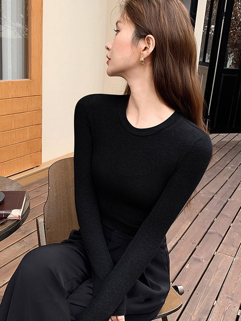 Basic Round-Neck Long-Sleeve T-Shirt for Women, Autumn and Winter, Slim-Fit, Flattering, Flattering for the Figure, Inner Layering Top