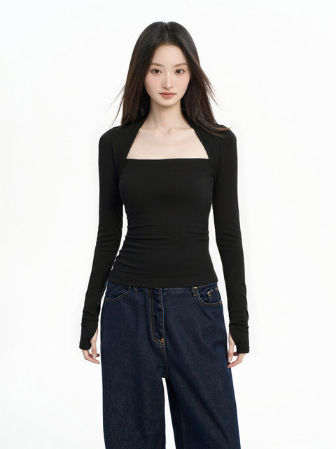 Sexy Style Spicy Girl Square Neck Long-Sleeve T-Shirt for Women, Spring and Autumn 2026 New Slim Fit Body-Hugging Base Shirt Inner Top