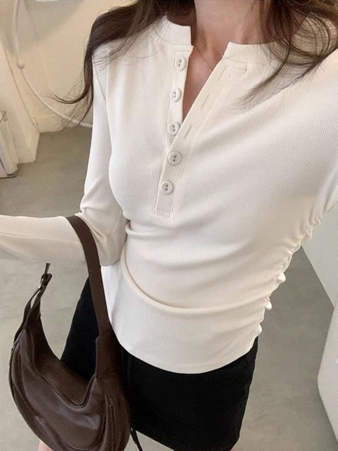 Gentle Style Half-Open Collar Design Button-Up Top for Women, Super Stylish for Autumn and Winter, Slim Fit, Long-Sleeved Inner Layering Top