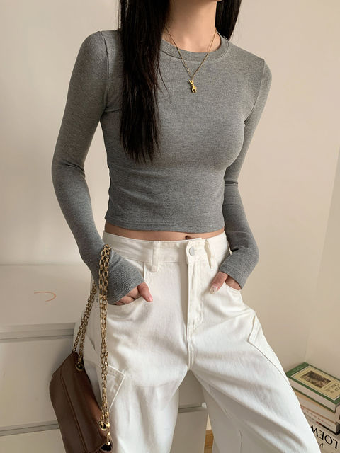 Ribbed Slim-Fit Long-Sleeve T-Shirt for Women, Autumn and Winter Tight-Fitting Base Layer, Basic Short Top