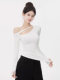 Asymmetrical Off-Shoulder Long-Sleeve T-Shirt for Women, Autumn and Winter American Style, Tight-Fitting, Hollow-Out, Slim-Fit, Off-Shoulder, Elegant Base Top